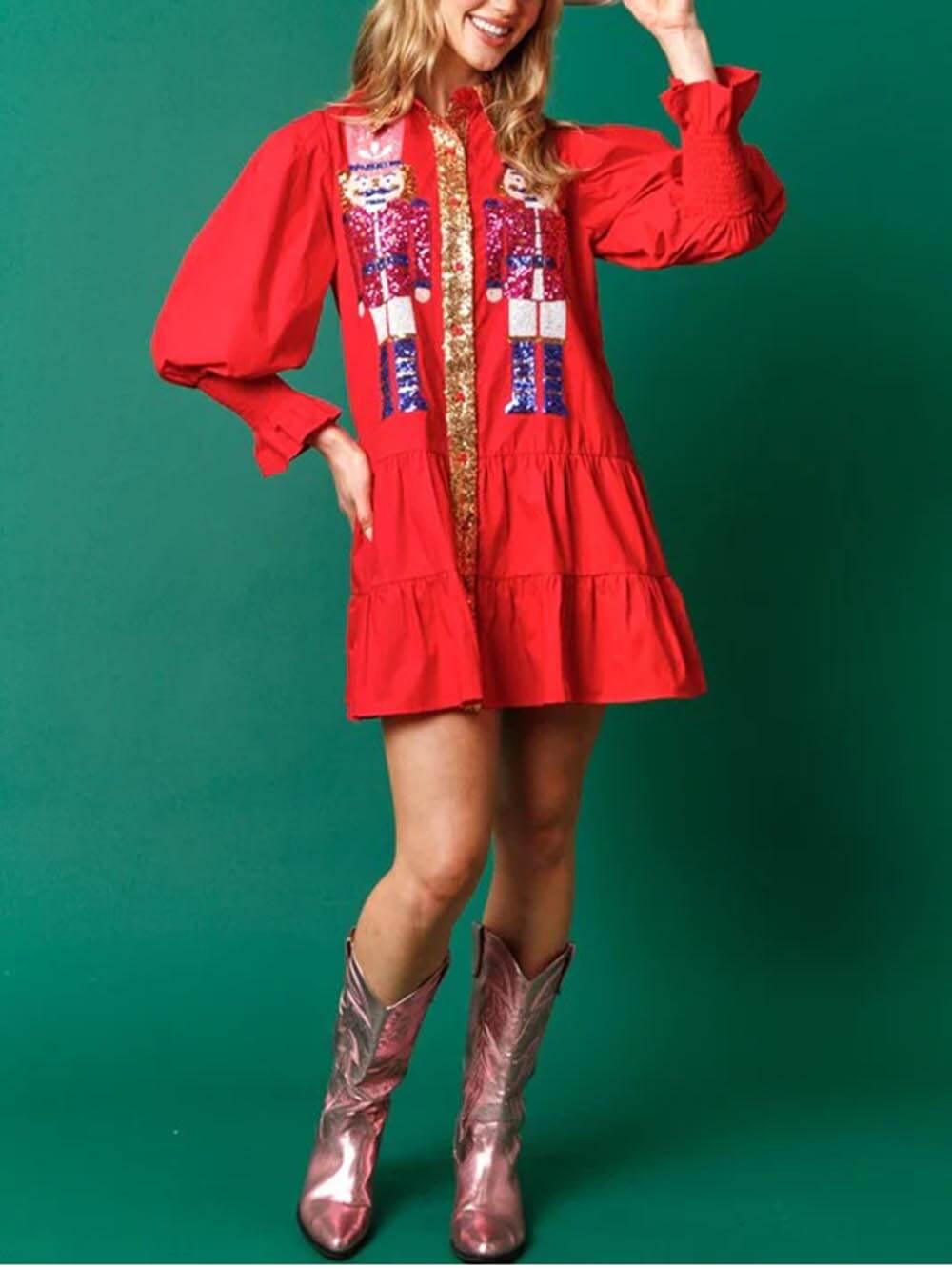 Aurohaya Christmas Lapel Contrast Long Sleeve Sequined Mini Dress