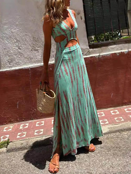 Aurohaya Unique Tie-dye Print Cutout Design Slit Stretch Dress Blue