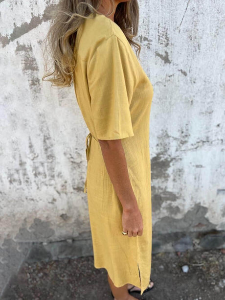 Aurohaya Bohemian Print Linen Loose Midi Dress