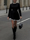 Elegant Lace Panel High Waist Long Sleeve Mini Dress
