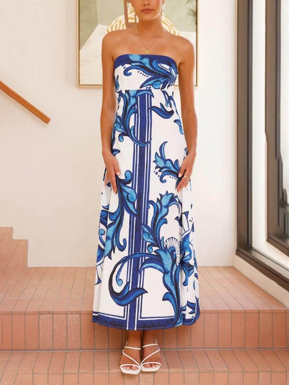 Aurohaya Elegant Floral Print A-Line Maxi Dress Dark Blue