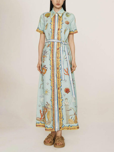 Aurohaya Modern Surrealist Unique Ocean Print Summer Maxi Shirtdress