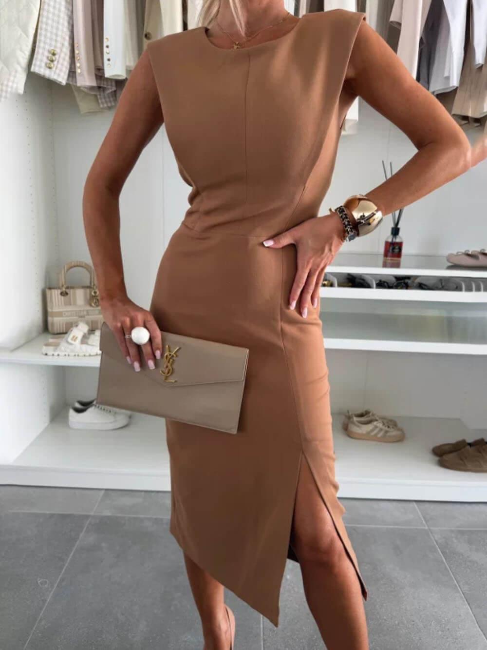 Aurohaya Elegant Charming Lady Round Neck Sleeveless Waisted Slit Stretch Midi Dress Brown