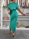 Aurohaya Graceful Satin Solid Color V-neck Cross Knot Slim Maxi Dress