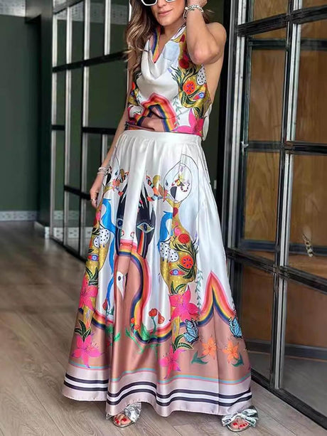 Aurohaya Elegance Unique Satin Print Back Tie-up Pocket Halter Maxi Dress White