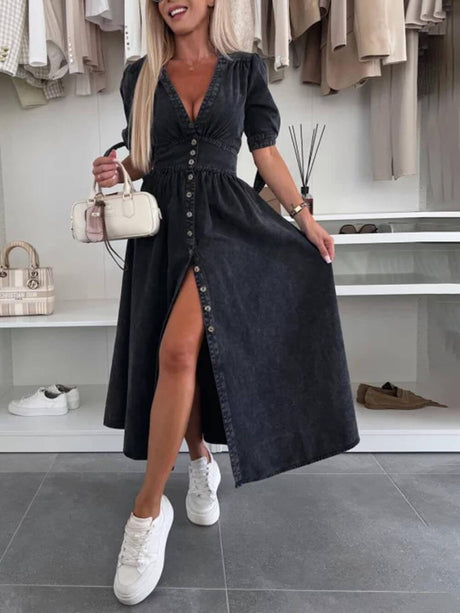 Aurohaya Unique Pleats Solid Color V-Neck Button-Down Denim Midi Dress Black