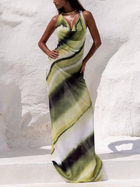 Aurohaya Classic Tie-Dye Gradient Printed Cowl Neck Halter Tie-up Vacation Maxi Dress