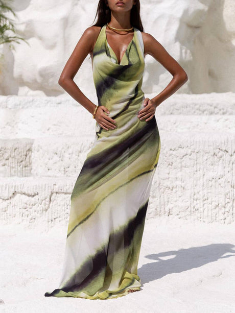 Aurohaya Classic Tie-Dye Gradient Printed Cowl Neck Halter Tie-up Vacation Maxi Dress