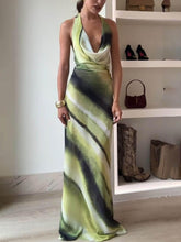 Aurohaya Classic Tie-Dye Gradient Printed Cowl Neck Halter Tie-up Vacation Maxi Dress Green