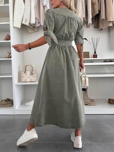 Aurohaya Unique Pleats Solid Color V-Neck Button-Down Denim Midi Dress