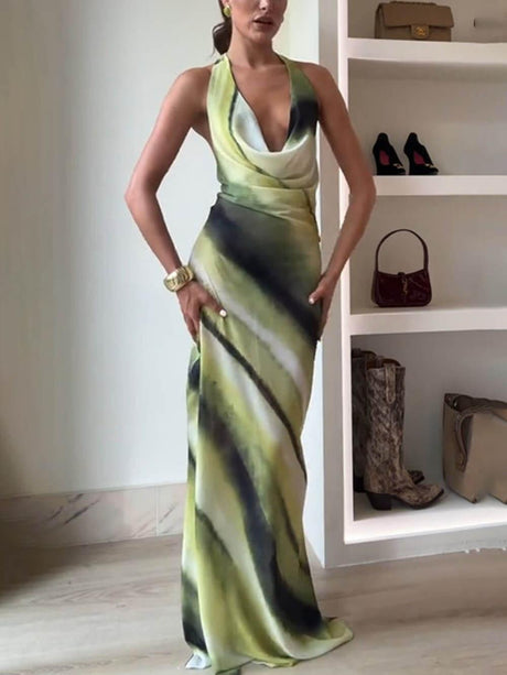 Aurohaya Classic Tie-Dye Gradient Printed Cowl Neck Halter Tie-up Vacation Maxi Dress