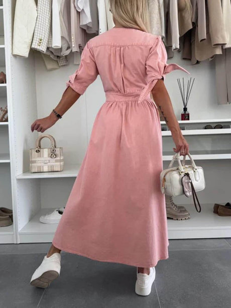 Aurohaya Unique Pleats Solid Color V-Neck Button-Down Denim Midi Dress