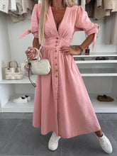 Aurohaya Unique Pleats Solid Color V-Neck Button-Down Denim Midi Dress Pink