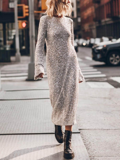 Aurohaya Sequin Sparkly Nights Long Sleeve Open Back Loose Midi Dress Silver