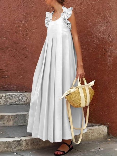 Aurohaya Fashionable And Casual Ruffled Decorative Pleated All-Match Holiday Maxi Dress Ivory
