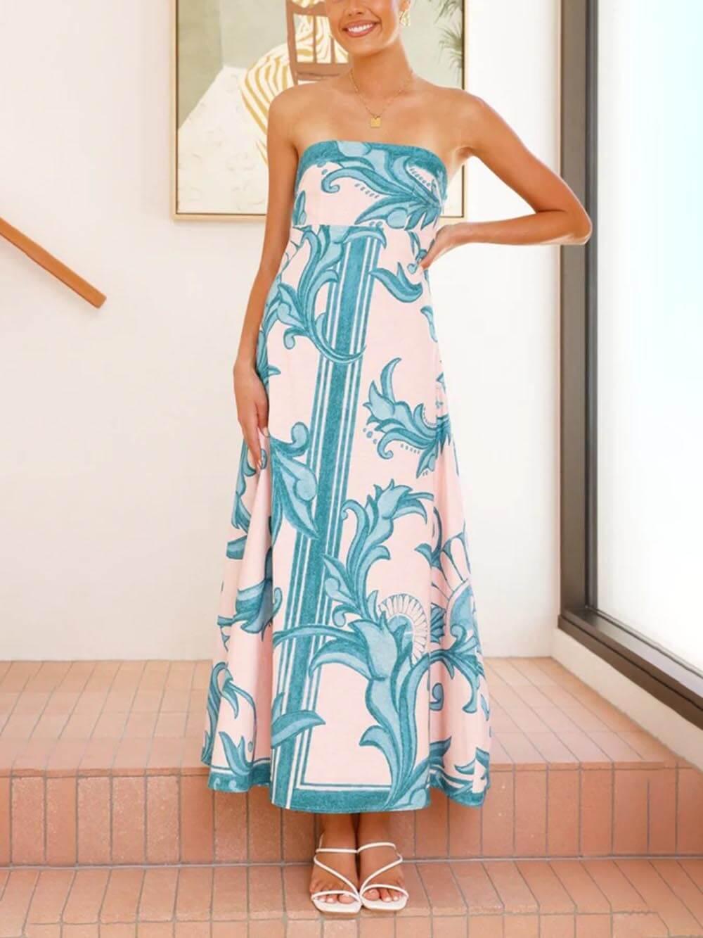 Aurohaya Elegant Floral Print A-Line Maxi Dress Light Blue