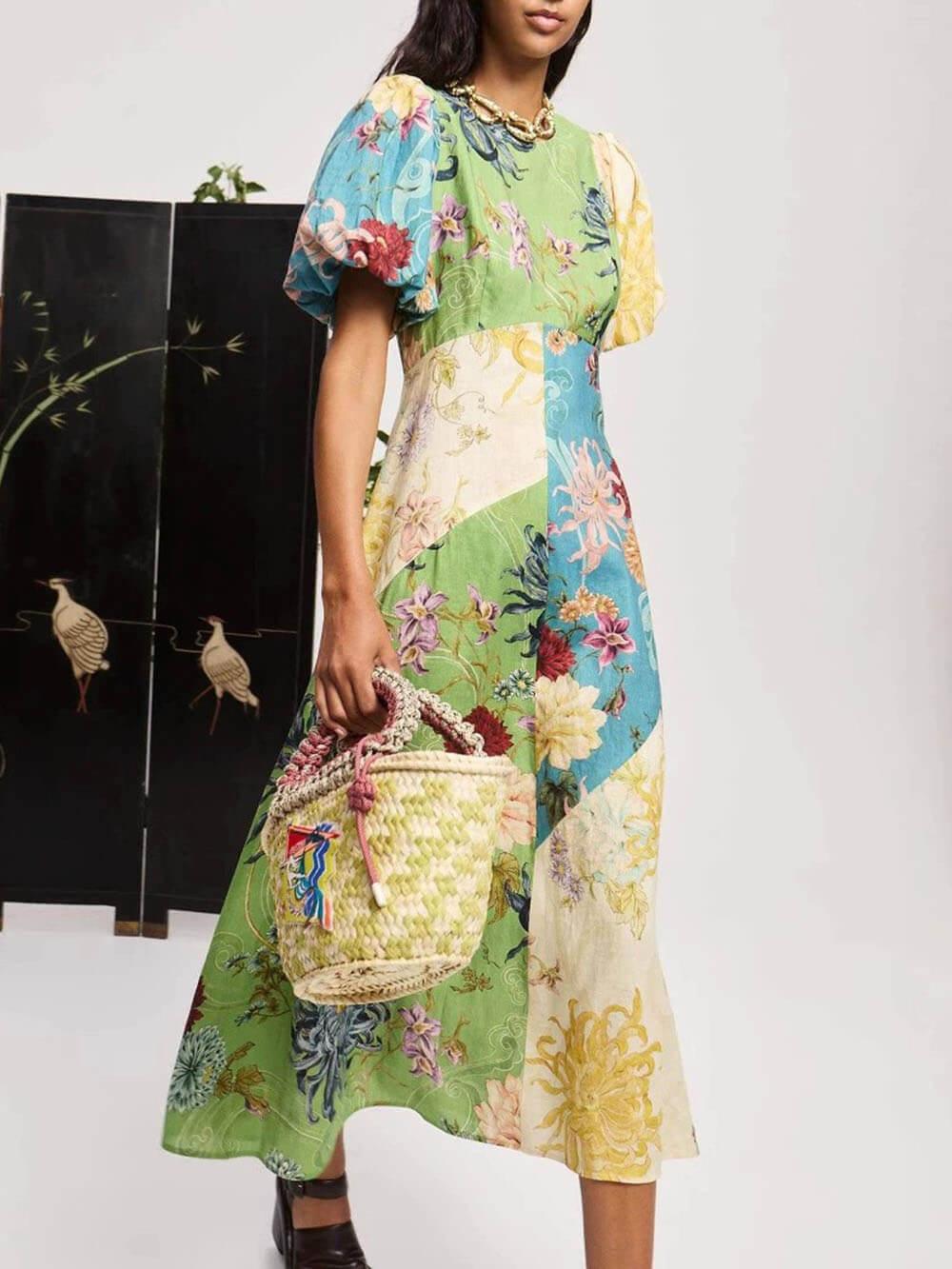 Aurohaya Casual Personalized Graffiti Print Lantern Sleeve Round Neck Linen Maxi Dress
