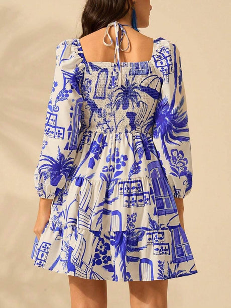 Aurohaya Fashionable And Versatile Flower Bouquet Print Lantern Sleeve Tie Dress
