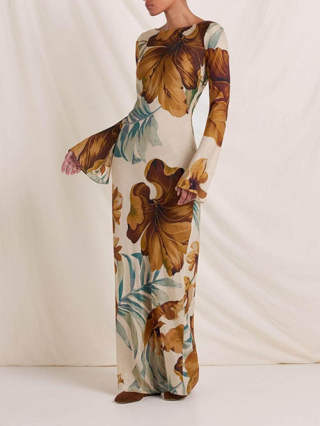 Aurohaya Simple Unique Plant Pattern Print Back Hollow Out Maxi Dress