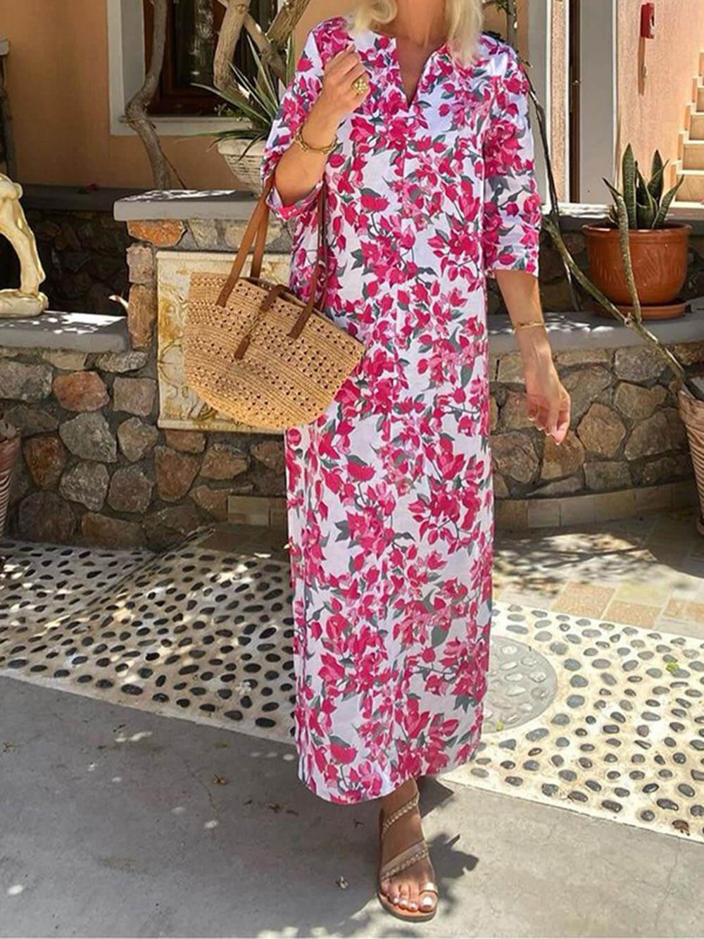 Aurohaya Fashion V-Neck Bohemian Print Maxi Dress