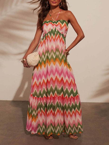 Aurohaya Unique Wave Print Suspender Maxi Dress Multicolor