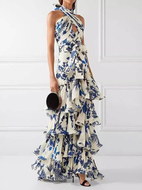 Aurohaya Unique Bohemian Holiday Style Strappy Lolita Swing Print Dress
