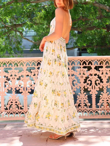 Aurohaya Unique Backless Deep V-Neck Lemon Print Maxi Dress