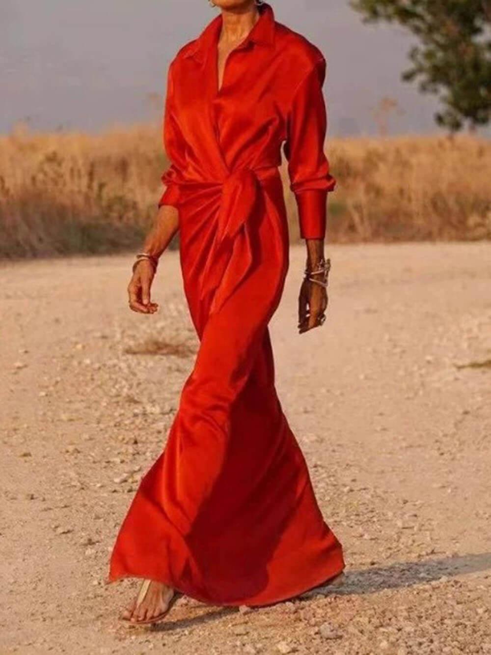 Aurohaya Modern Satin Wrap Shirt-Style Tie-Slit Maxi Dress