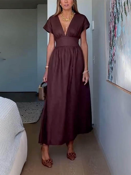 Aurohaya Classic Linen Blend Short Sleeve Fitted Waist Maxi Dress