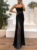 Aurohaya Delicate Satin Paneled Mesh Sequin Fabric Off Shoulder Ruched Drape Maxi Dress Black