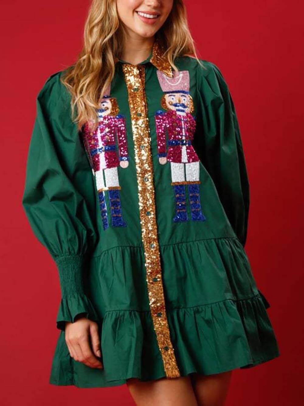 Aurohaya Christmas Lapel Contrast Long Sleeve Sequined Mini Dress Green