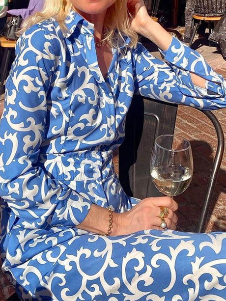 Aurohaya Fashion Print Lapel Waist Midi Dress