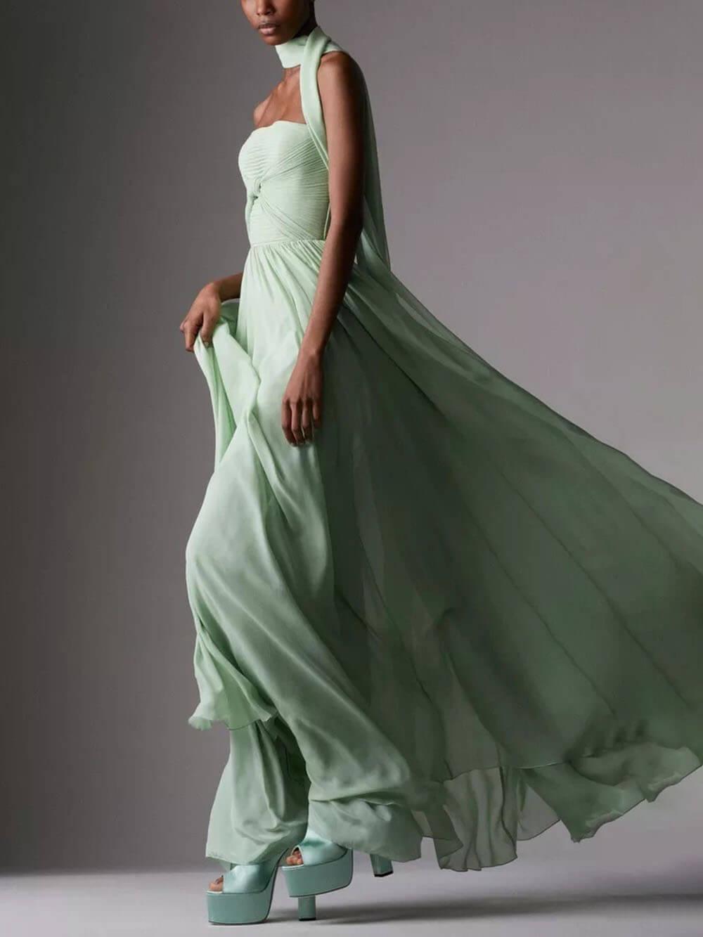 Aurohaya Elegant Sleeveless Pleated Long Skirt With Ribbon Strapless Dress