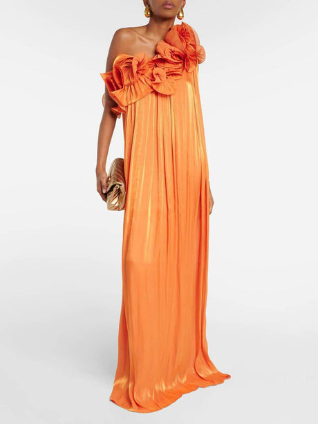 Aurohaya Romantic Moment Unique One Shoulder Applique Ruffle Pleated Dress Orange