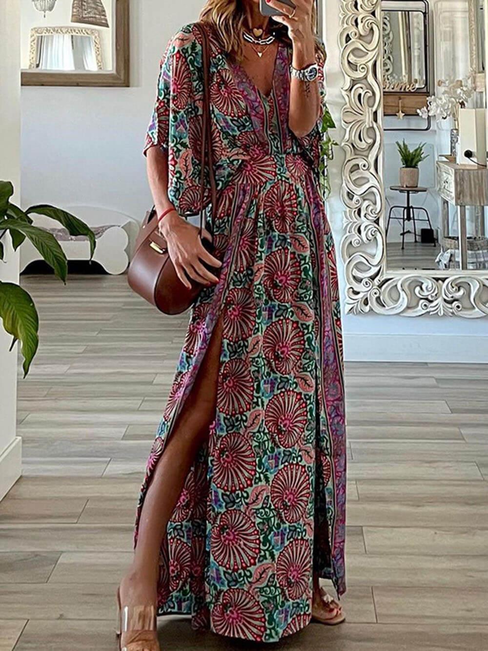 Aurohaya Bohemian Fashion V-Neck Printed Loose Maxi Dress Multicolor