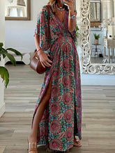 Aurohaya Bohemian Fashion V-Neck Printed Loose Maxi Dress Multicolor