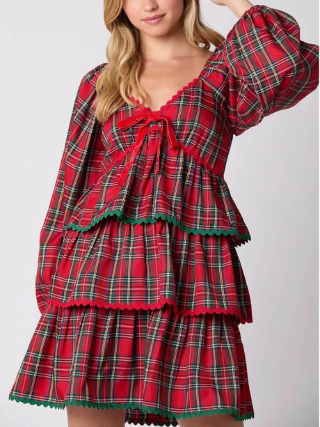Aurohaya Christmas Plaid Long Sleeve Layered Dress