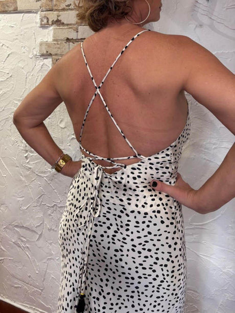 Aurohaya Classic Satin Polka Dot Print Open Back Ties Maxi Dress