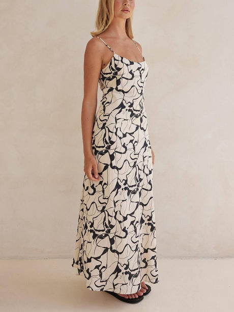 Aurohaya Elegant Black Abstract Printed with Adjustable Straps Maxi Dress
