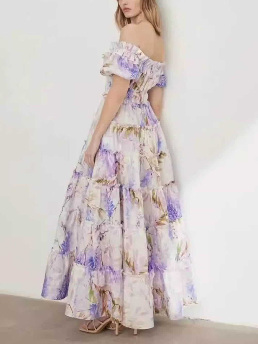 Aurohaya Elegant Off-Shoulder Printed Organza Fairy Evening Gown Maxi Dress Purple