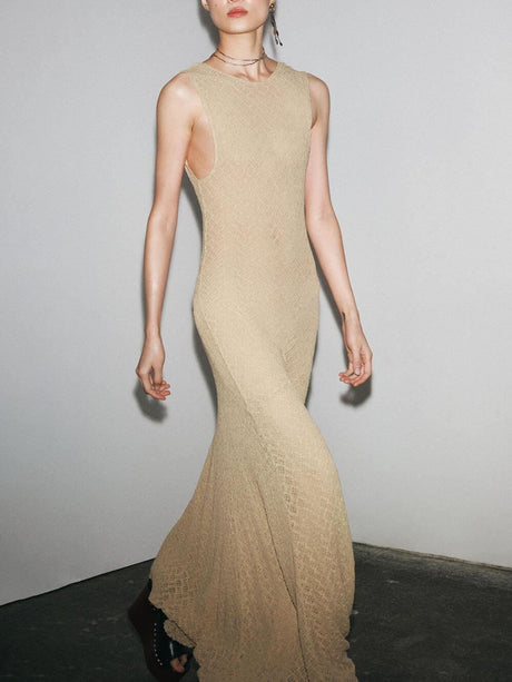 Aurohaya Elegant Lace Hook Open Back Asymmetric Hem Flared Waist Maxi Dress