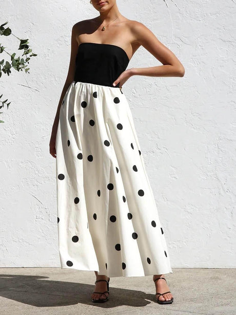 Aurohaya Elegant Wrap-Around Polka Dot Print Stitching A-Line Maxi Dress White