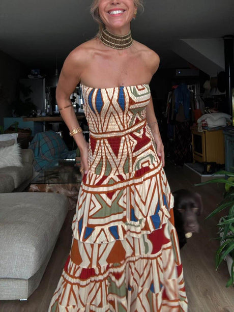 Aurohaya Chic Perfect Style Unique Floral Print Elastic Bandeau Maxi Dress