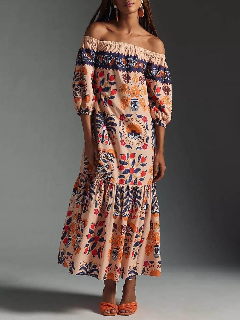 Aurohaya Retro Island Lover Printed Off The Shoulder Pocketed Flowy Midi Dress