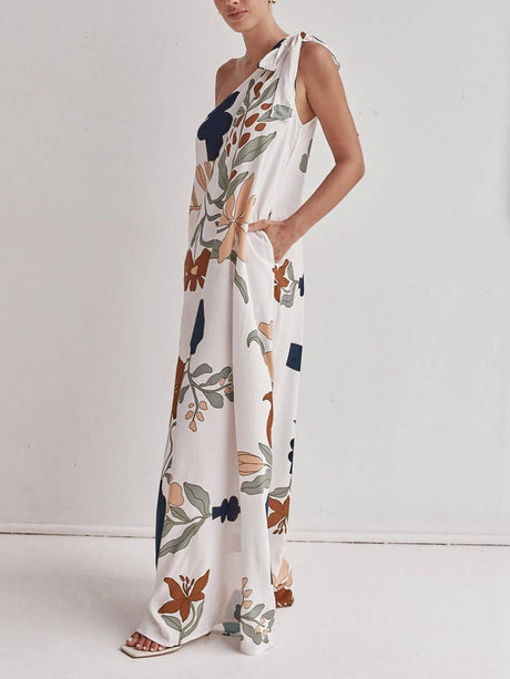 Aurohaya Unique Print One Shoulder Tie-up Pocketed Loose Maxi Dress