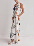 Unique Print One Shoulder Tie-up Pocketed Loose Maxi Dress