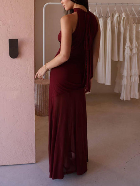 Aurohaya Fresh Style Mesh Paneled Pleated Bow Tie Maxi Dress