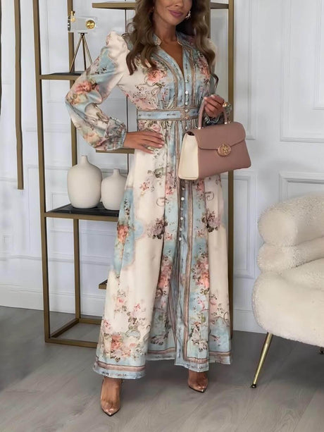 Aurohaya Elegant Floral Print Lantern Sleeve Buttoned A-Line Maxi Dress