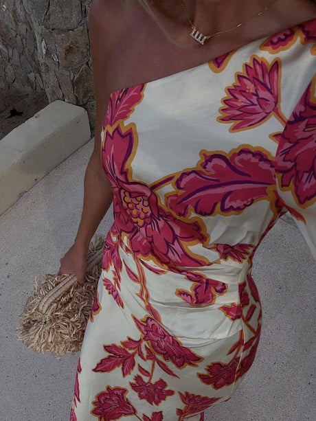 Aurohaya Unique Satin Floral Print One Shoulder Flared Maxi Dress