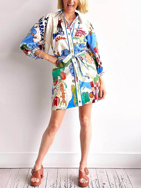 Aurohaya Unique Linen Print Cardigan Lace-Up Mini Dress